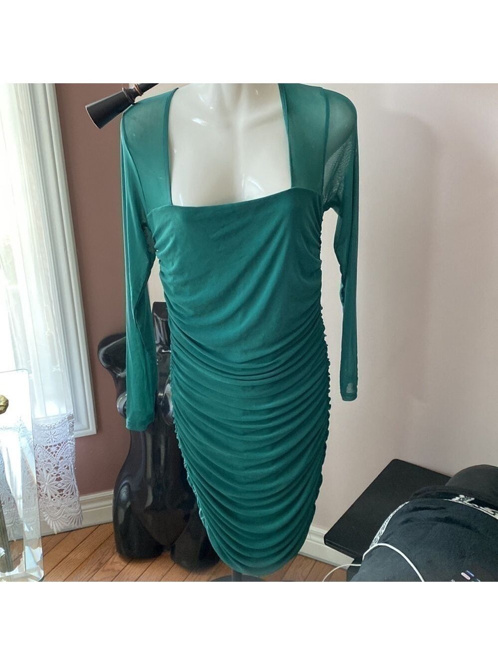 Pink LILY LEAVING LATE GREEN MESH SLEEVE SQUARE NECK DRESS SZ XL - Picture 6 of 10